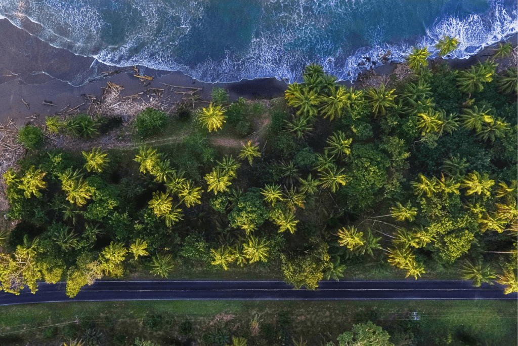An overhead shot of the roads of Limon, Costa Rica by the beach