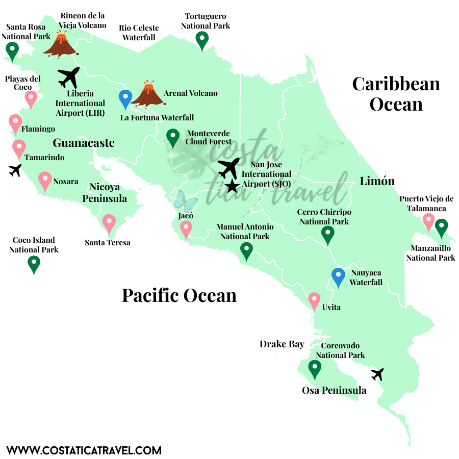 A map of Costa Rica with all of the major landmarks, airports, oceans, and the most popular destinations, like Volcano Arenal, Rio Celeste, Guanacaste Beaches, and more.