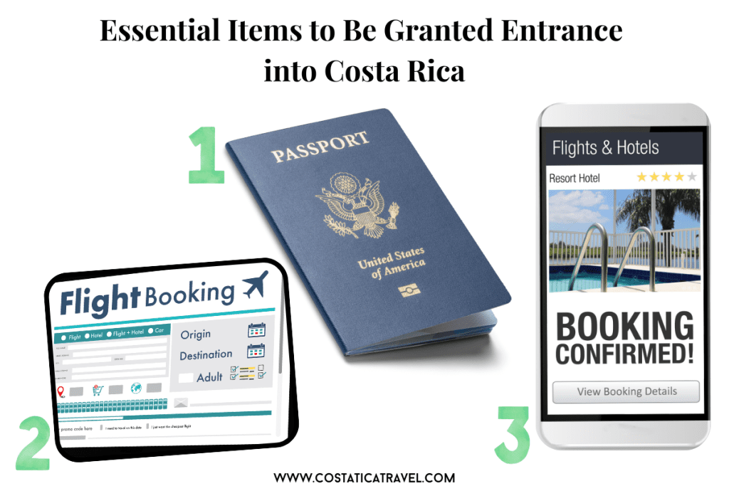 Everything you need to get into Costa Rica: A passport, your flight out of Costa Rica, and your hotel confirmation